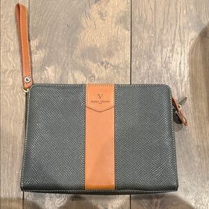 Olive green & Tan Leather Wristlet Clutch